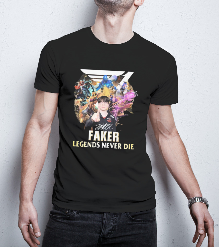 Faker Legends Never Die Signature T1 Esports Champion T-Shirt