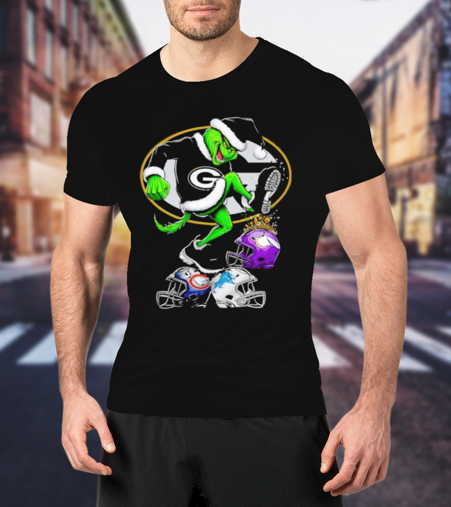 Green Bay Packers Grinch Santa Stepping On NFL Helmets Funny Christmas T-Shirt