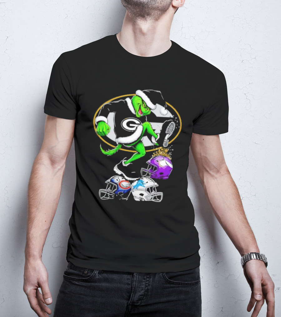 Green Bay Packers Grinch Santa Stepping On NFL Helmets Funny Christmas T-Shirt