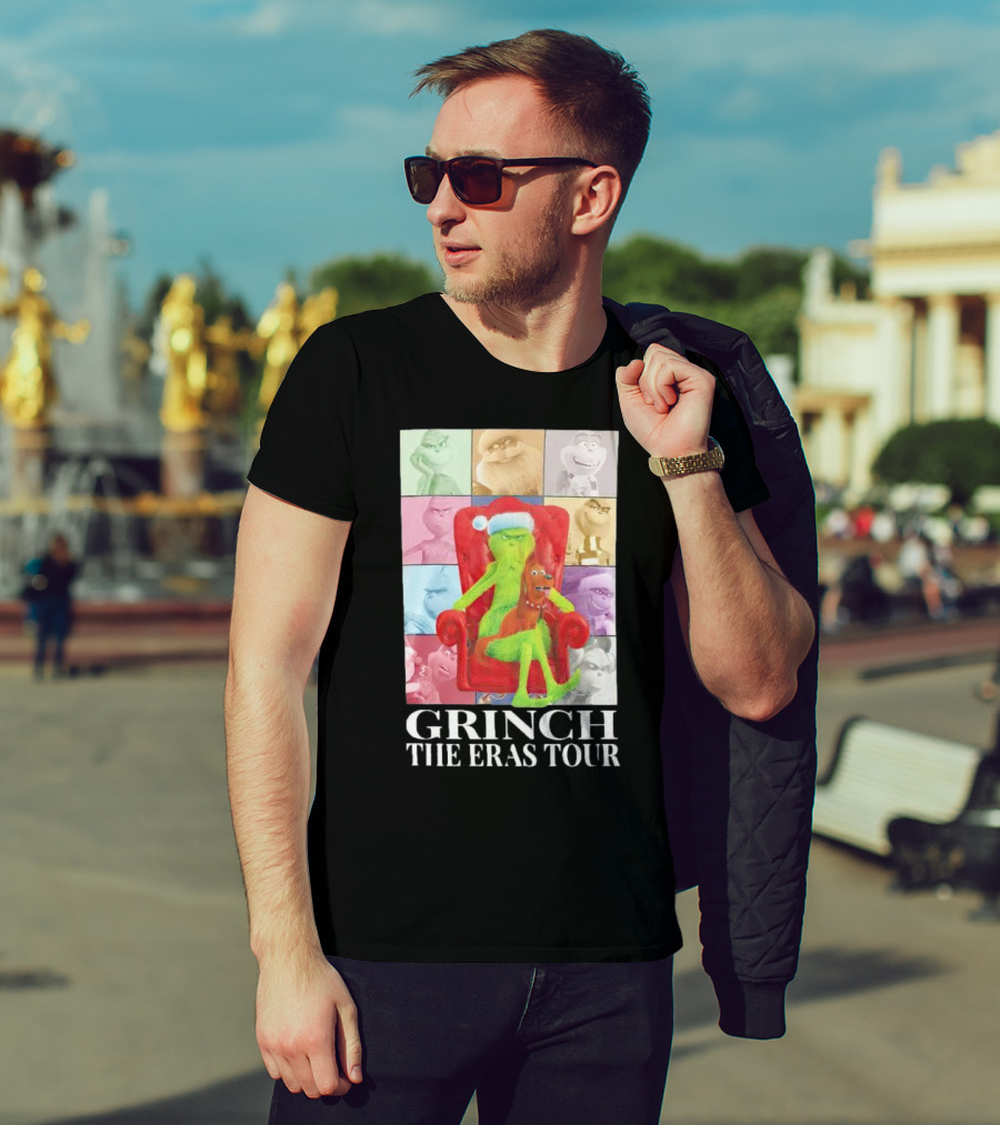 Grinch Christmas With Santa Hat Dog And Chair Icon Collage T-Shirt