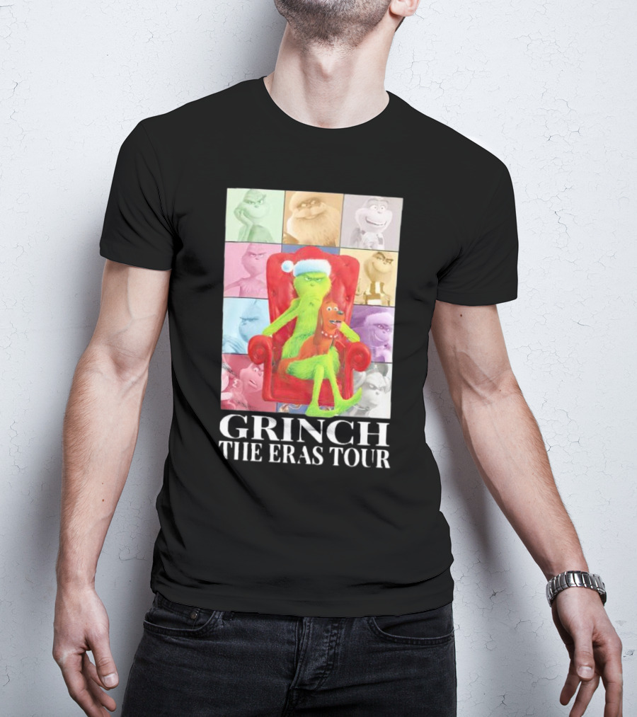 Grinch Christmas With Santa Hat Dog And Chair Icon Collage T-Shirt