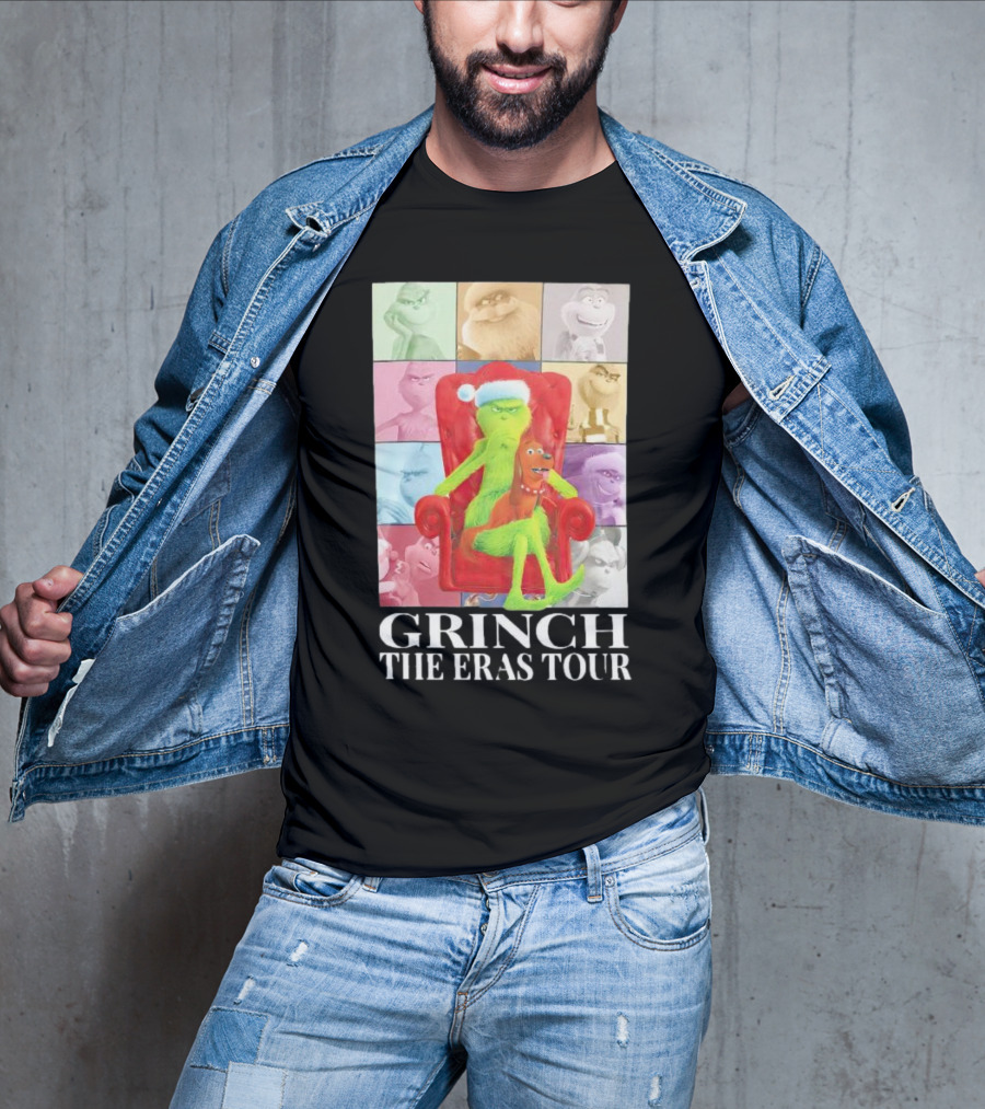 Grinch Christmas With Santa Hat Dog And Chair Icon Collage T-Shirt