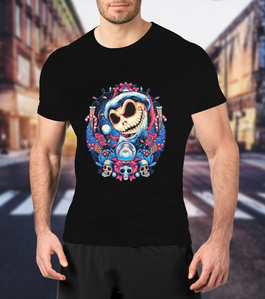 Jack Skellington Christmas Santa Skull Wreath Candy Cane Holiday T-Shirt