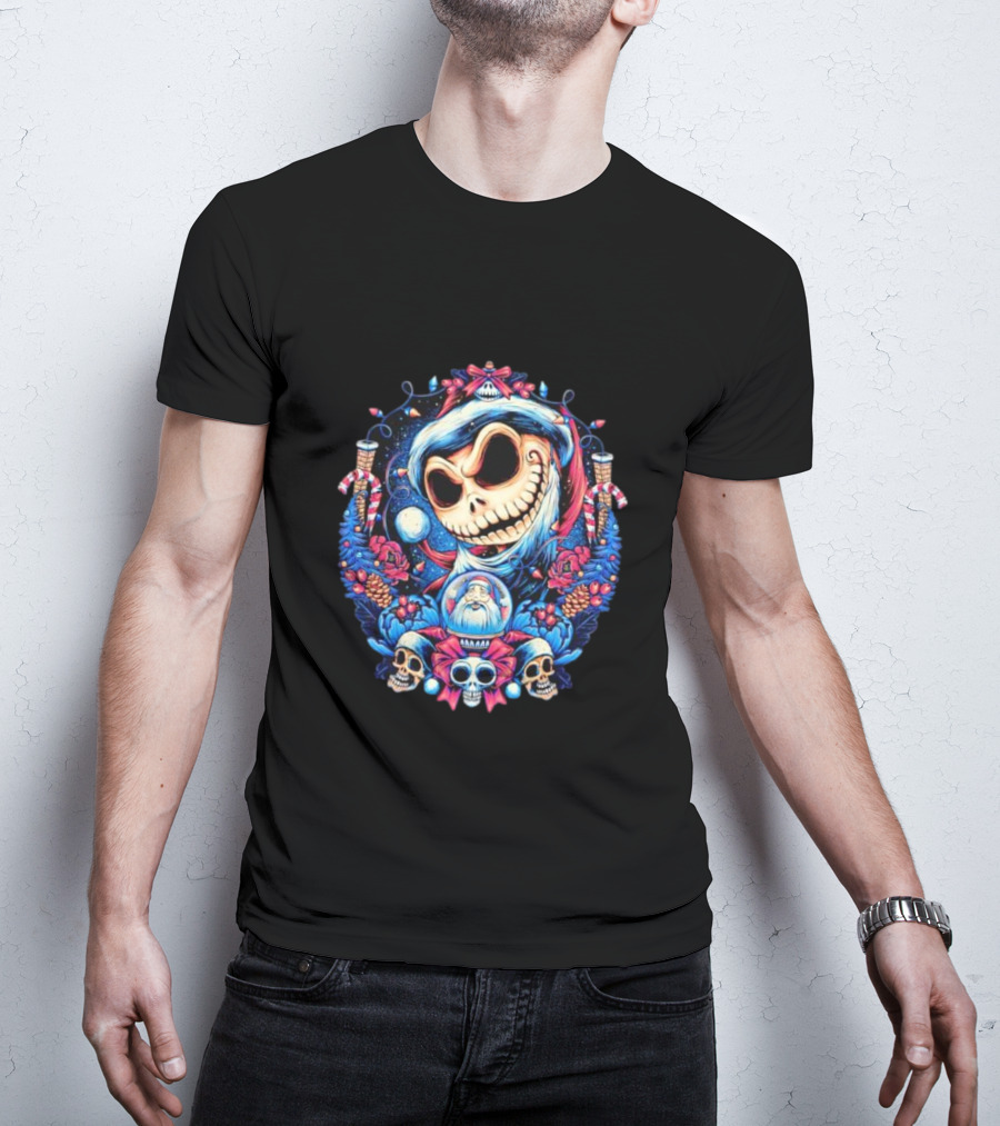 Jack Skellington Christmas Santa Skull Wreath Candy Cane Holiday T-Shirt