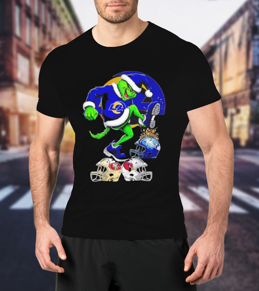 Los Angeles Rams Grinch Stomping NFL Helmets Christmas Funny Santa T-Shirt