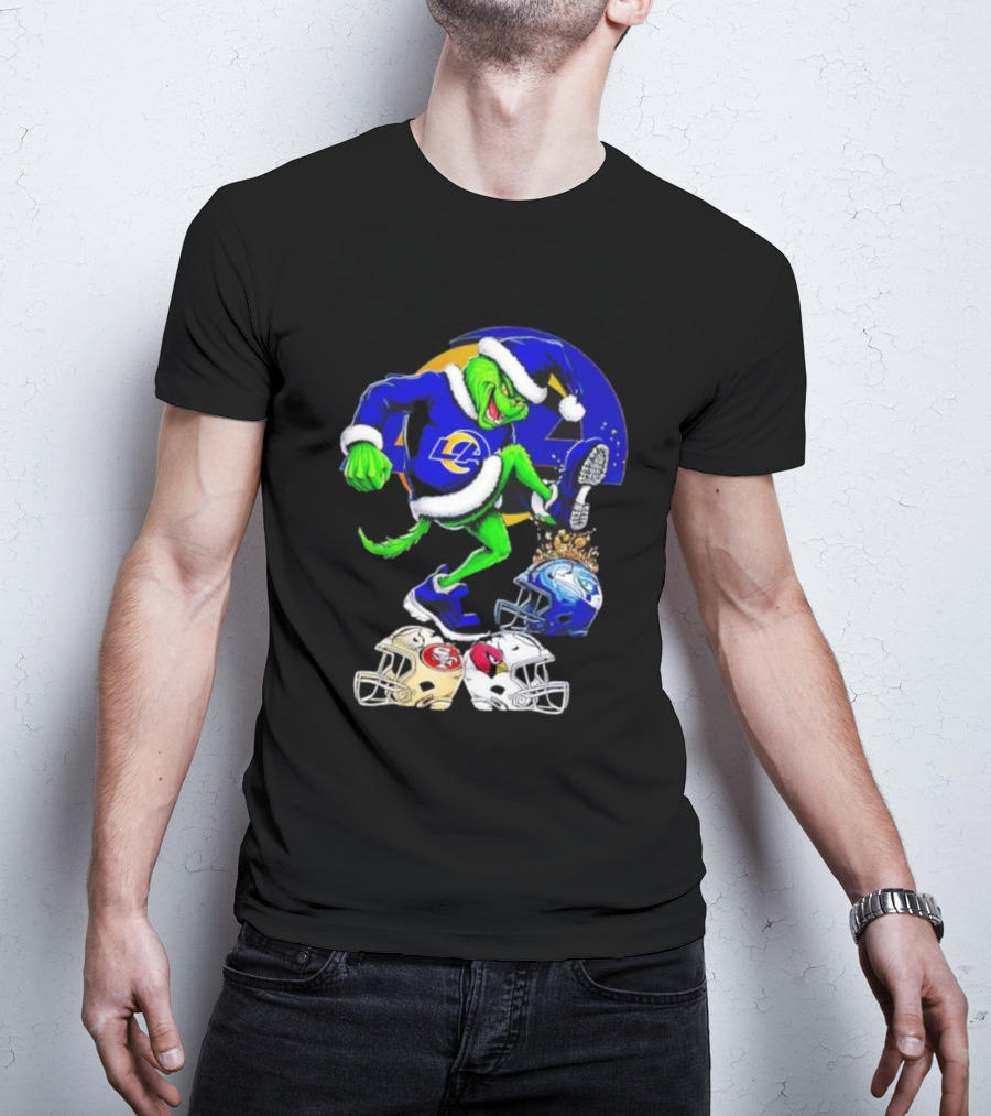 Los Angeles Rams Grinch Stomping NFL Helmets Christmas Funny Santa T-Shirt