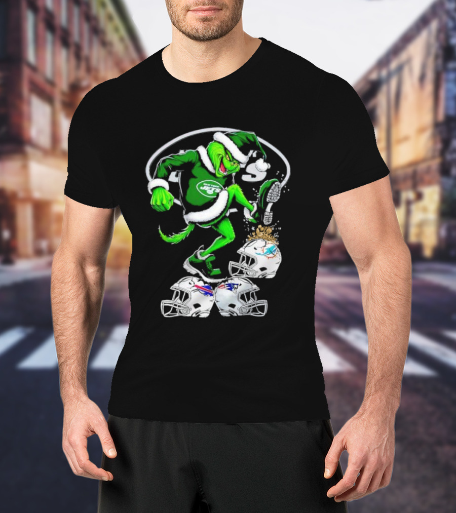 New York Jets Grinch Santa Stomping NFL Helmets Funny Christmas T-Shirt