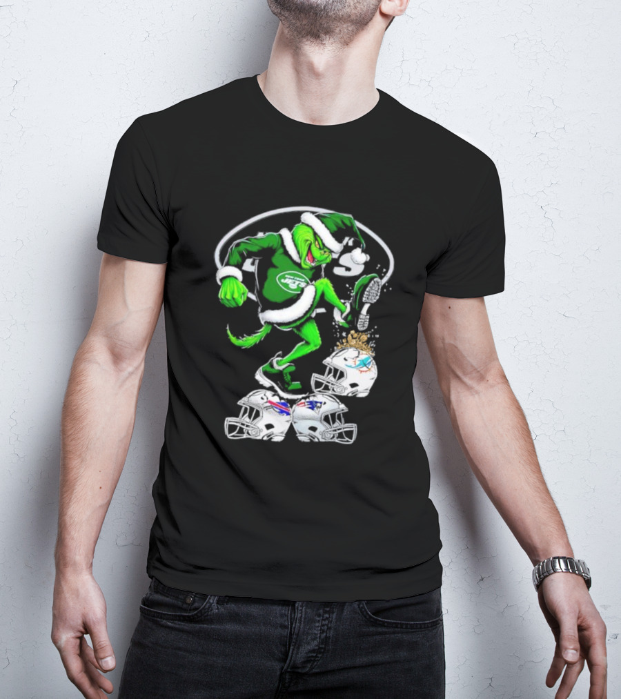 New York Jets Grinch Santa Stomping NFL Helmets Funny Christmas T-Shirt