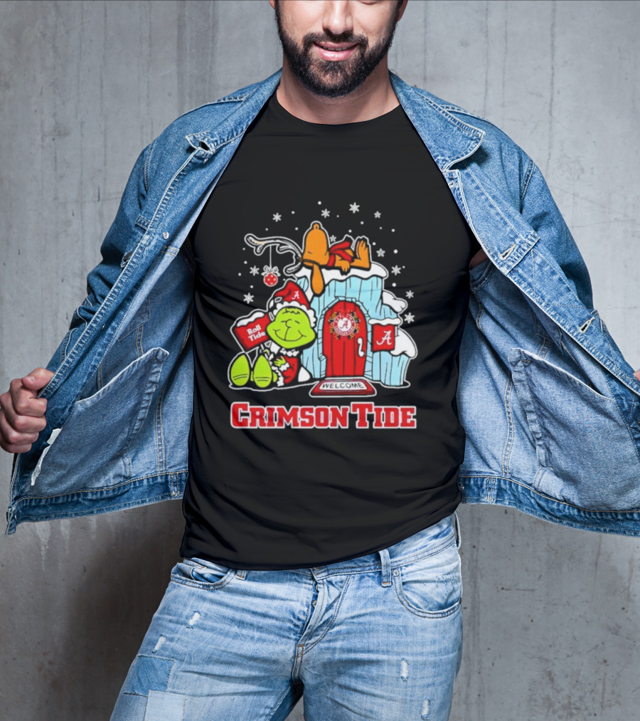 Alabama Crimson Tide Grinch And Snoopy Welcome Merry Xmas T-Shirt