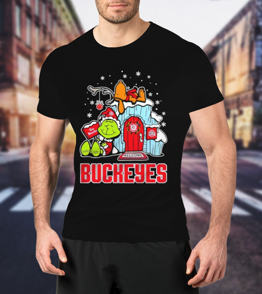 Peanuts Grinch Ohio State Buckeyes Go Bucs Merry Xmas Snoopy Woodstock T-Shirt
