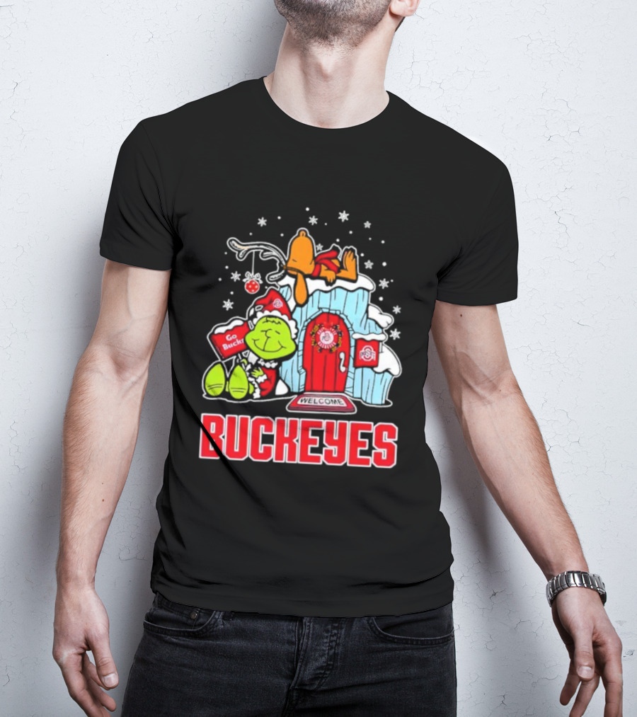 Peanuts Grinch Ohio State Buckeyes Go Bucs Merry Xmas Snoopy Woodstock T-Shirt
