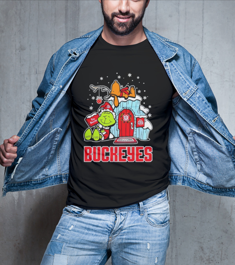 Peanuts Grinch Ohio State Buckeyes Go Bucs Merry Xmas Snoopy Woodstock T-Shirt