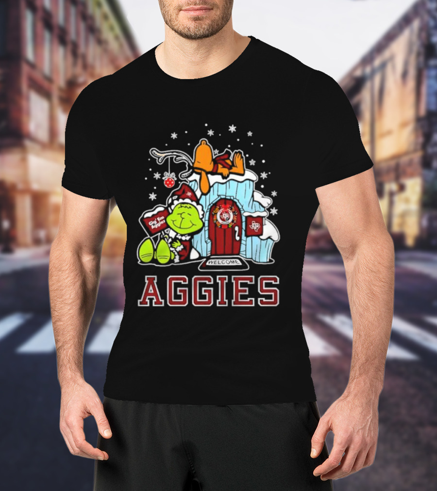Peanuts Aggies Grinch Snoopy Christmas Hut Texas Holiday T-Shirt