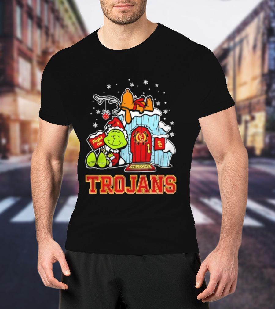 Peanuts USC Trojans Grinch Snoopy Christmas Fight On Welcome T-Shirt