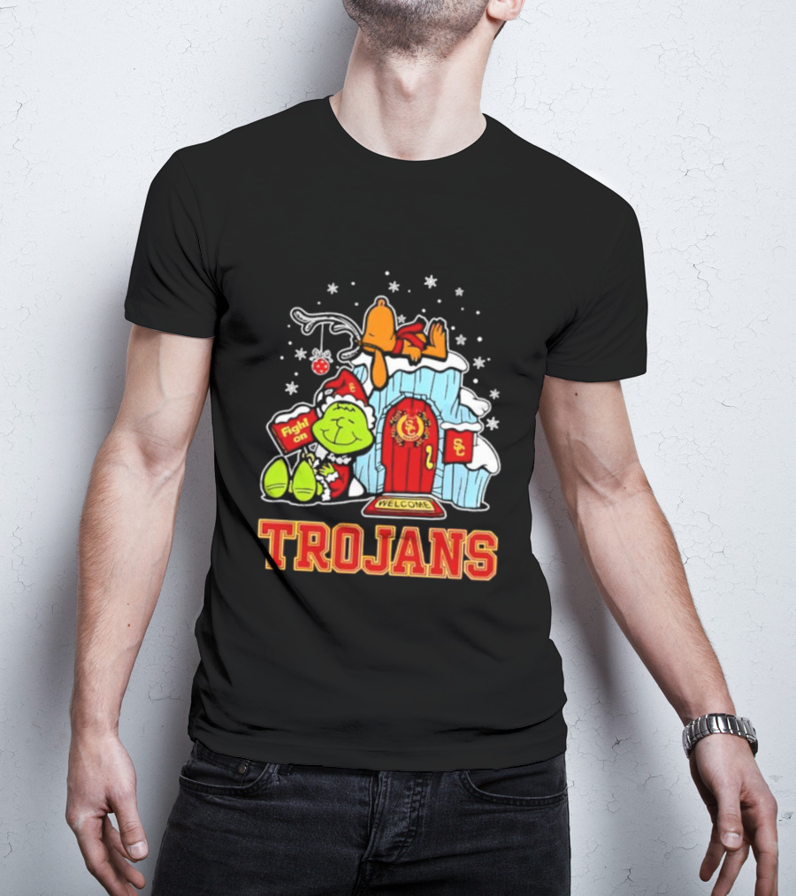 Peanuts USC Trojans Grinch Snoopy Christmas Fight On Welcome T-Shirt