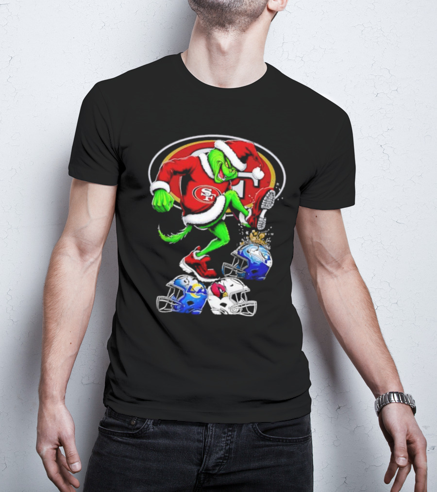 San Francisco 49ers Grinch In Santa Suit Stomps NFL Helmets Rams Cardinals Christmas T-Shirt