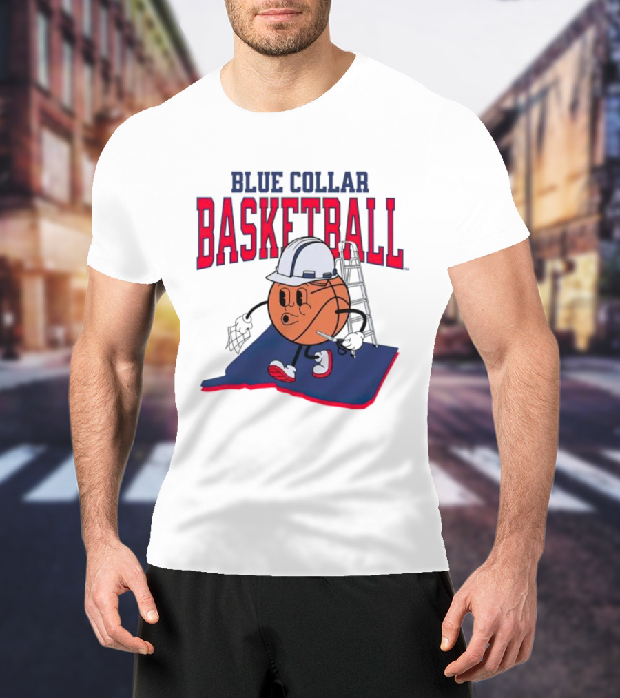 Blue Collar Basketball Hard Hat Hoop Cartoon T-Shirt