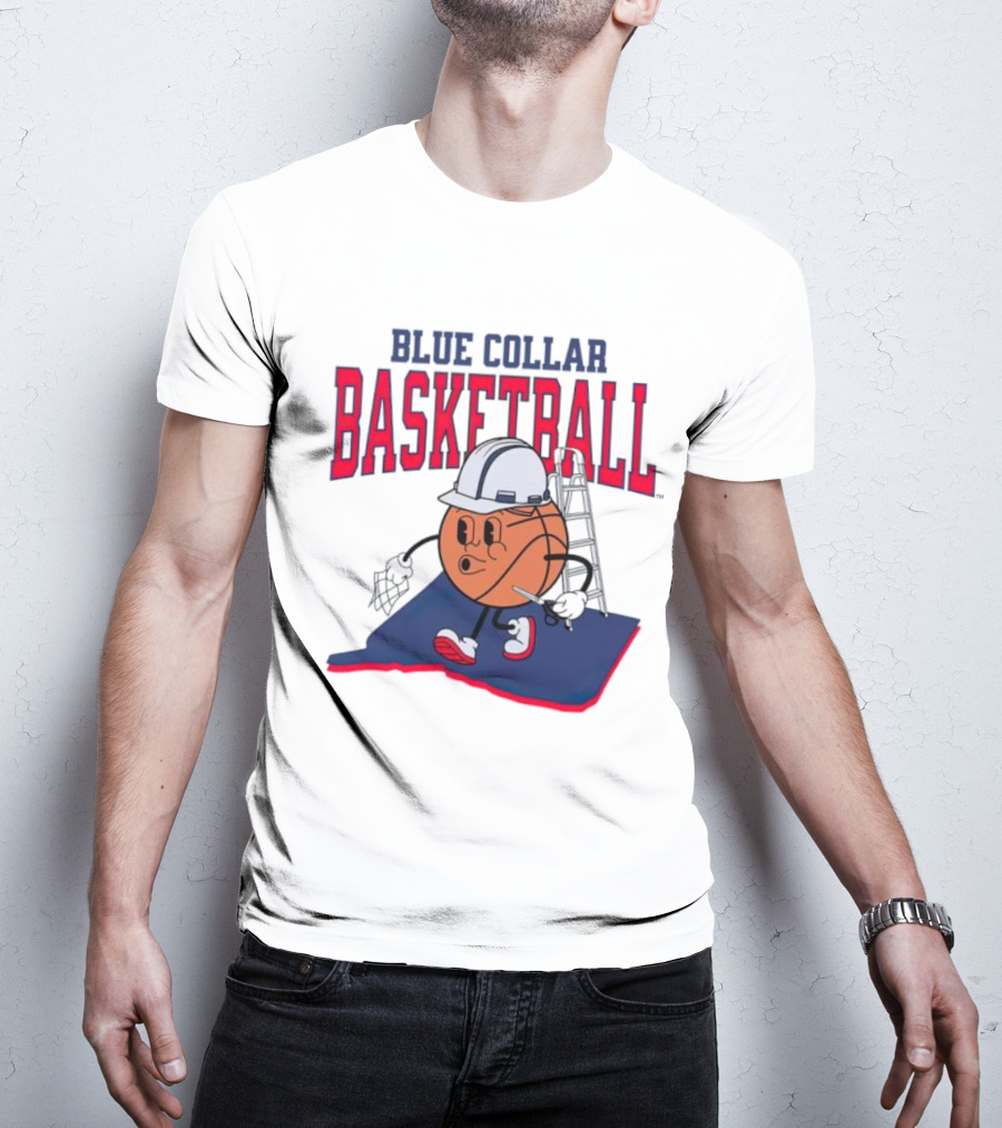 Blue Collar Basketball Hard Hat Hoop Cartoon T-Shirt