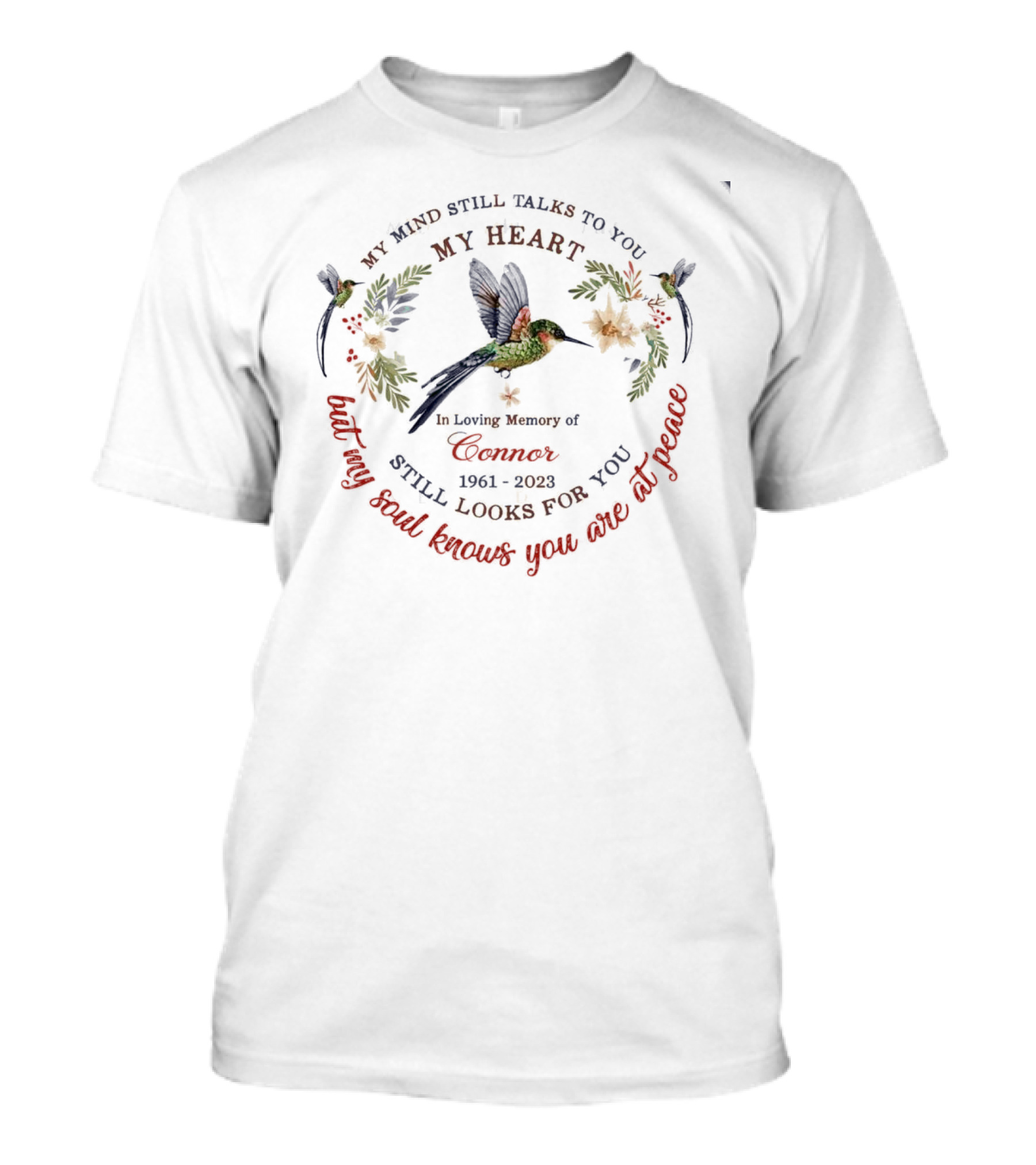 My Mind Still Talks To You My Heart Still Looks For You My Soul Knows You Are At Peace In Loving Memory Of Connor 1961-2023 T-Shirt