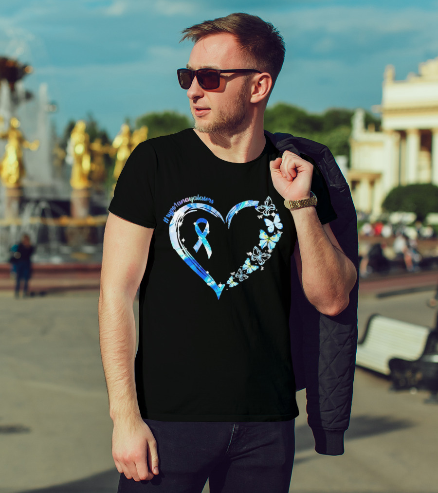 Type1Namayalars Diabetes Awareness Heart With Blue Ribbon And Butterflies T-Shirt