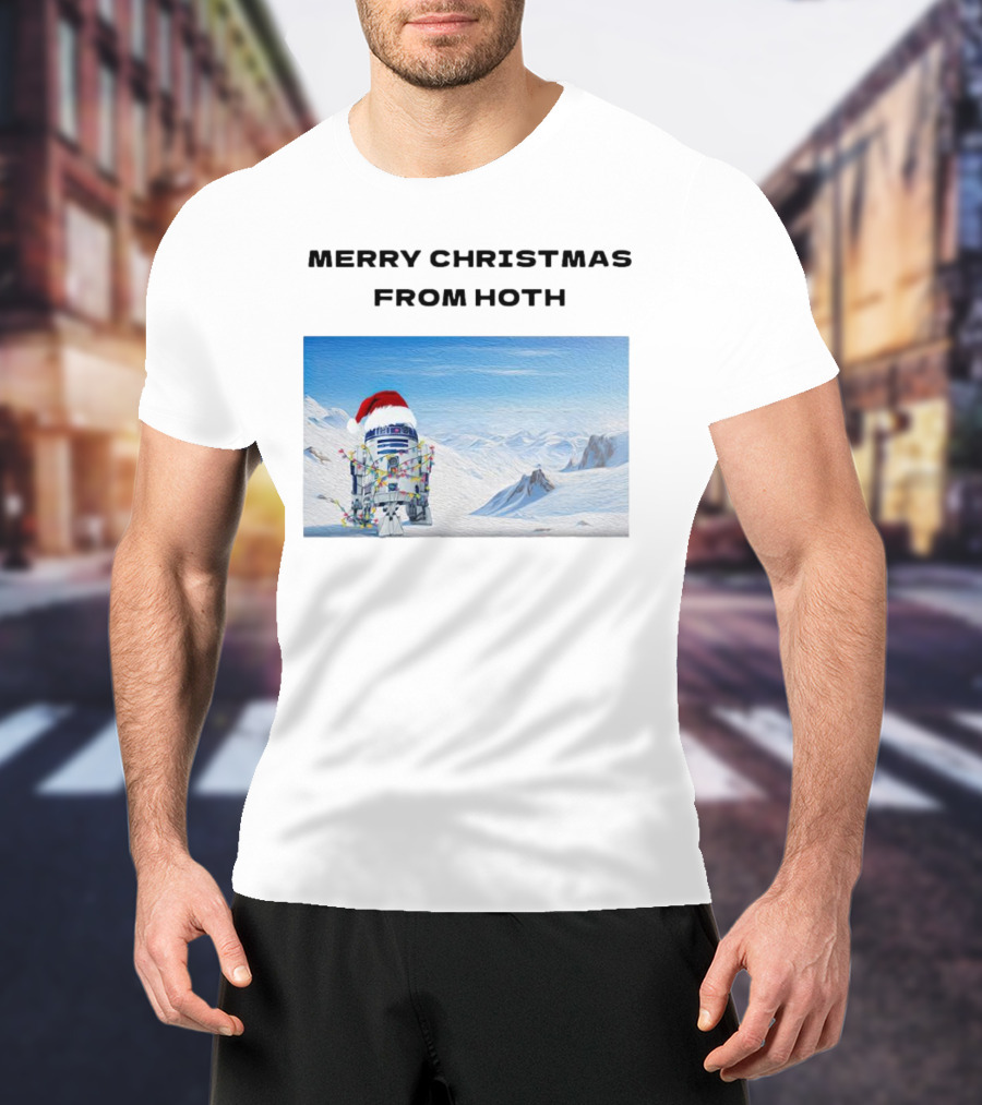 R2-D2 Merry Christmas From Hoth Santa Hat Lights Snowy Scene T-Shirt