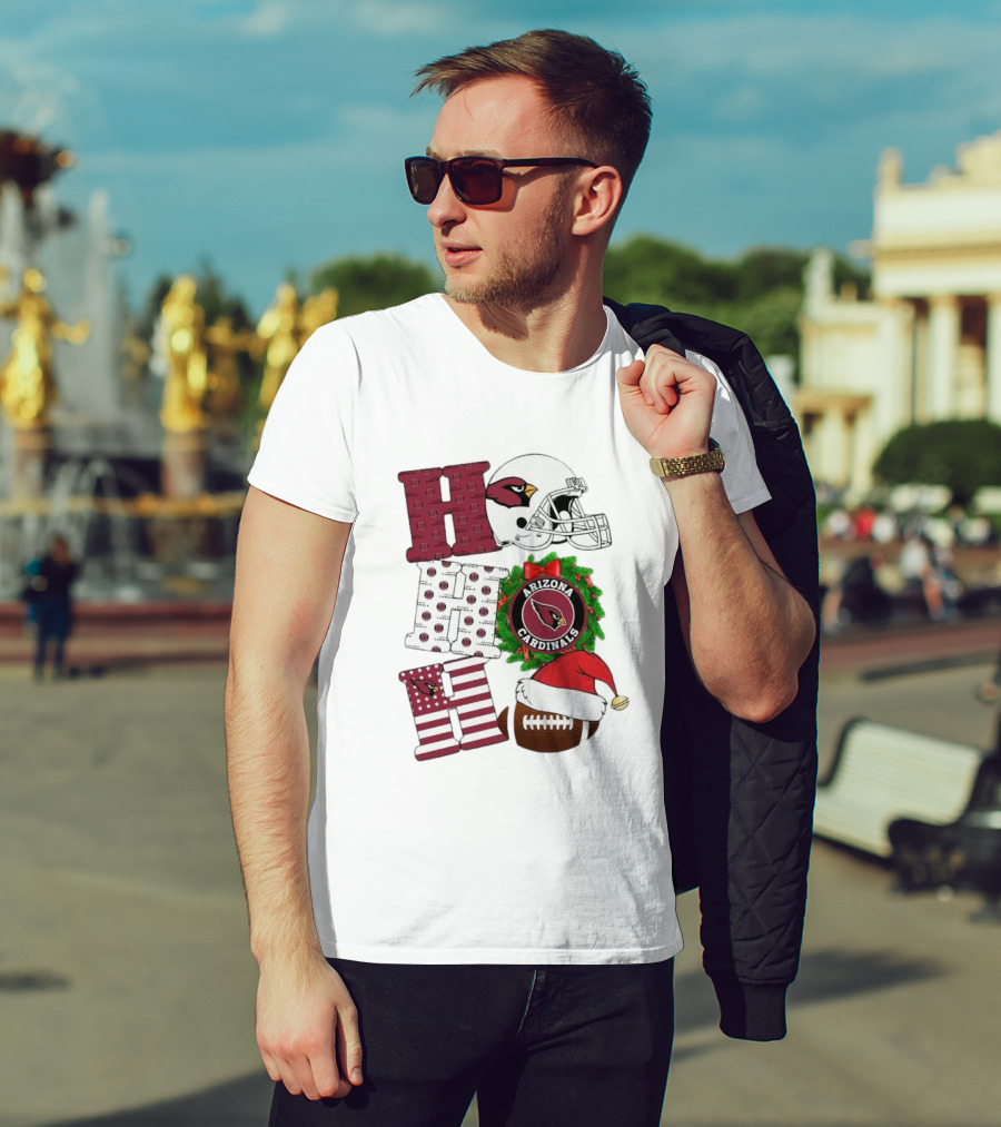 Arizona Cardinals Helmet Wreath Football Ho Ho Ho Merry Christmas T-Shirt