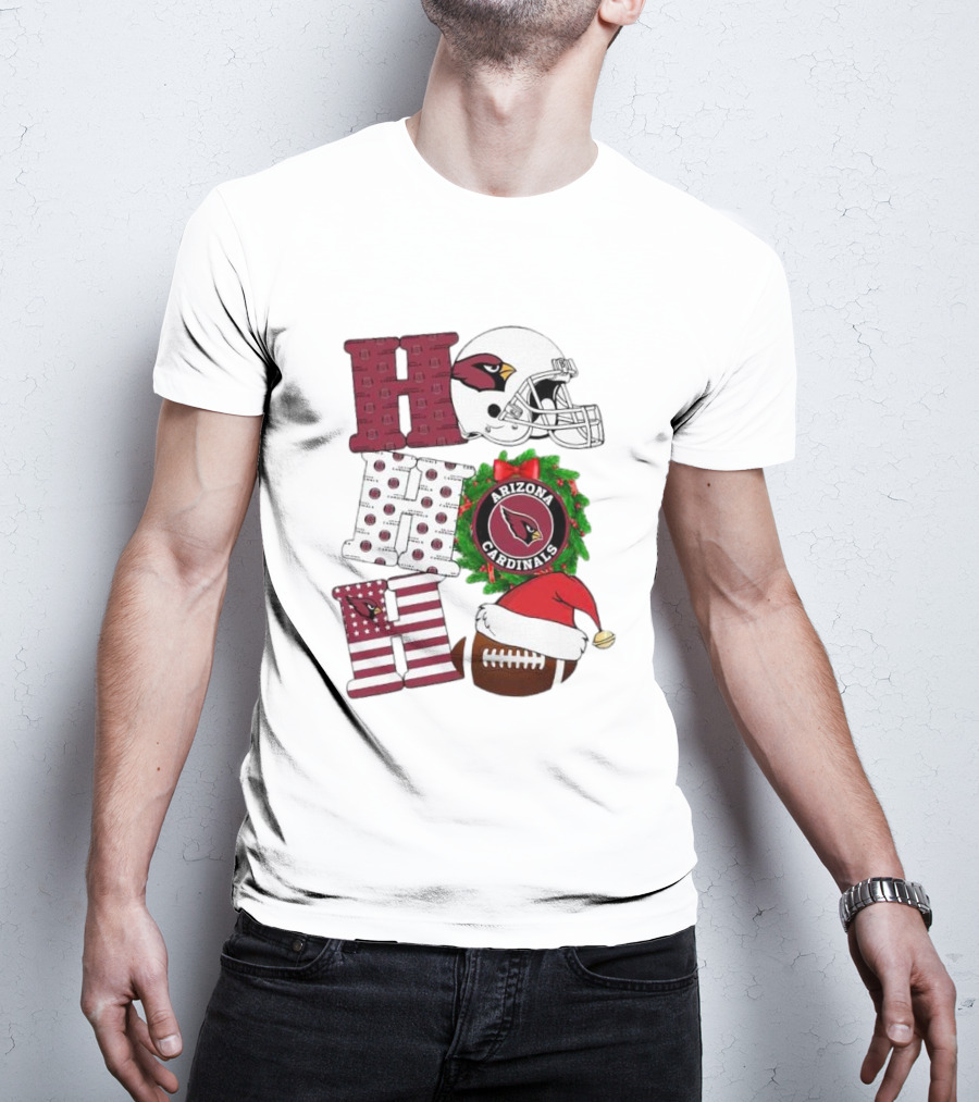 Arizona Cardinals Helmet Wreath Football Ho Ho Ho Merry Christmas T-Shirt