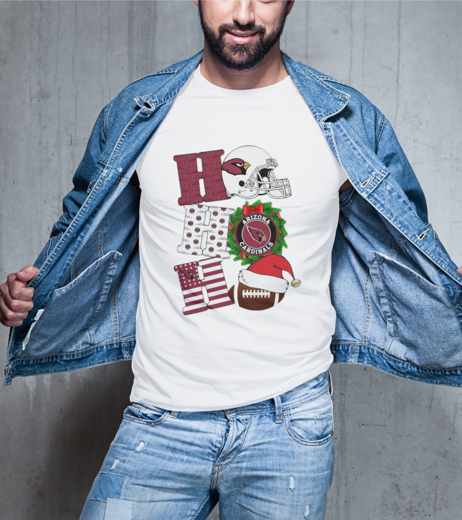 Arizona Cardinals Helmet Wreath Football Ho Ho Ho Merry Christmas T-Shirt