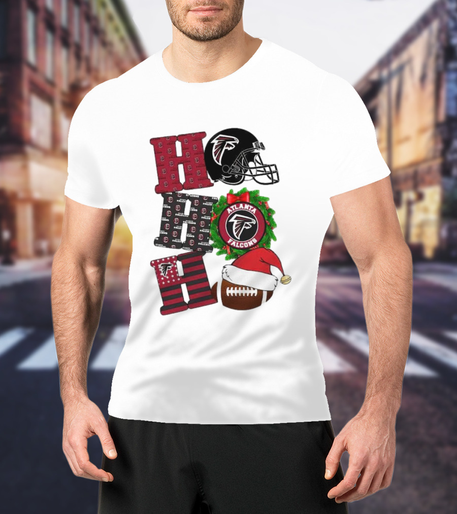 Atlanta Falcons Ho Ho Ho Merry Christmas Football Helmet Wreath Santa Hat T-Shirt