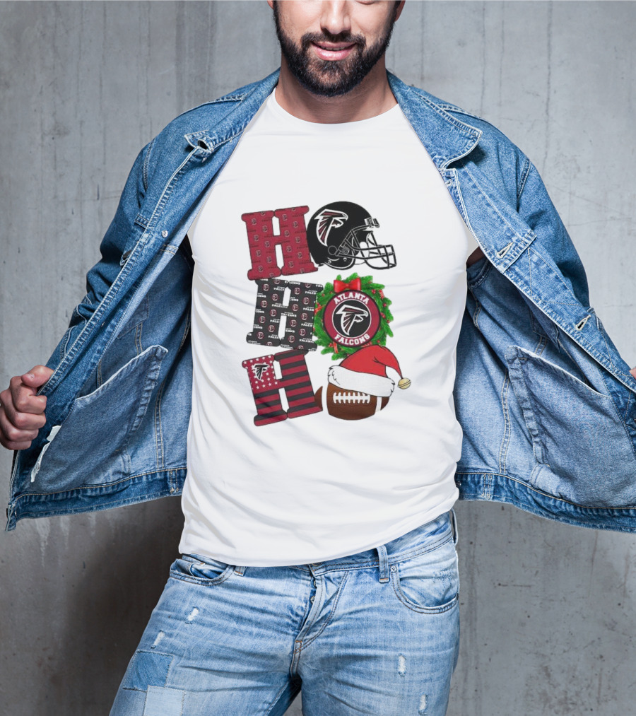 Atlanta Falcons Ho Ho Ho Merry Christmas Football Helmet Wreath Santa Hat T-Shirt