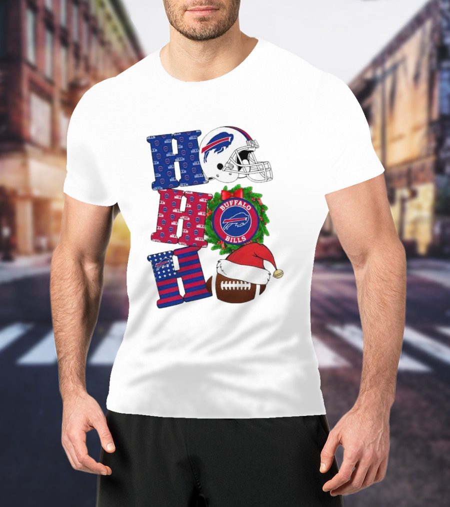 Buffalo Bills Helmet Wreath Football Santa Hat Ho Ho Ho Merry Christmas T-Shirt