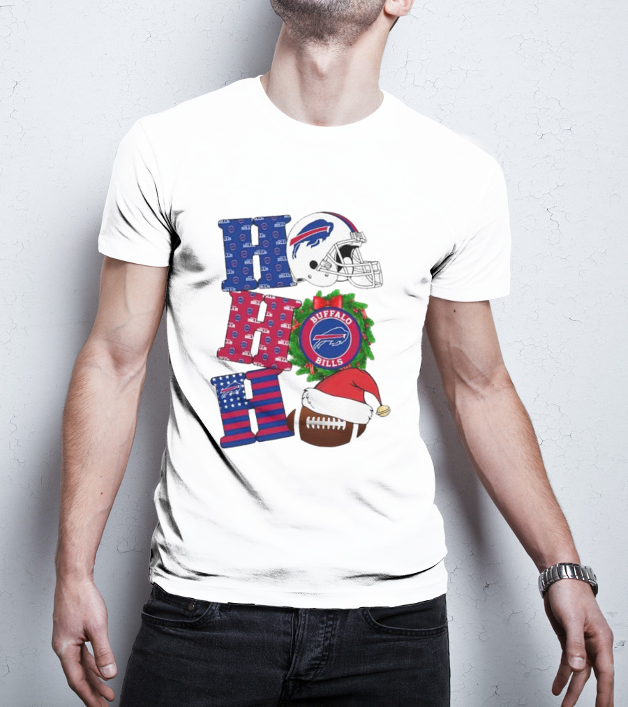 Buffalo Bills Helmet Wreath Football Santa Hat Ho Ho Ho Merry Christmas T-Shirt