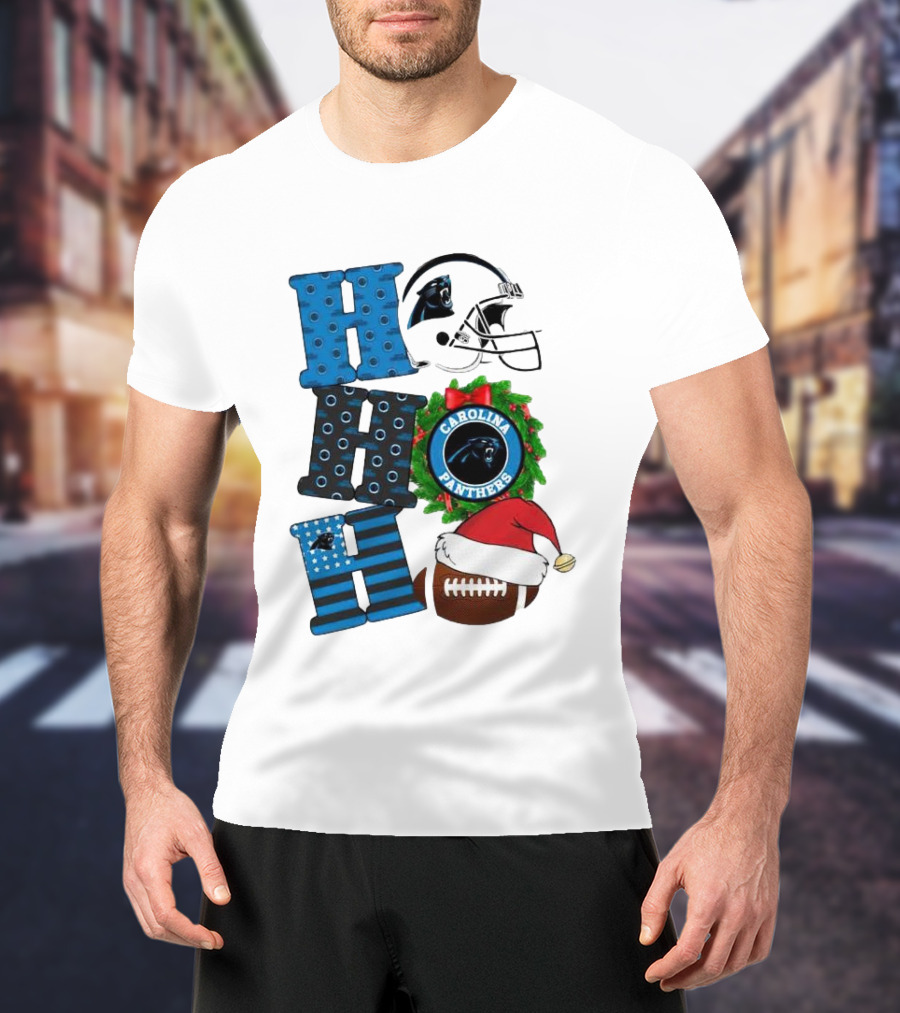Carolina Panthers Ho Ho Ho Merry Christmas Football Helmet Wreath Santa Hat T-Shirt