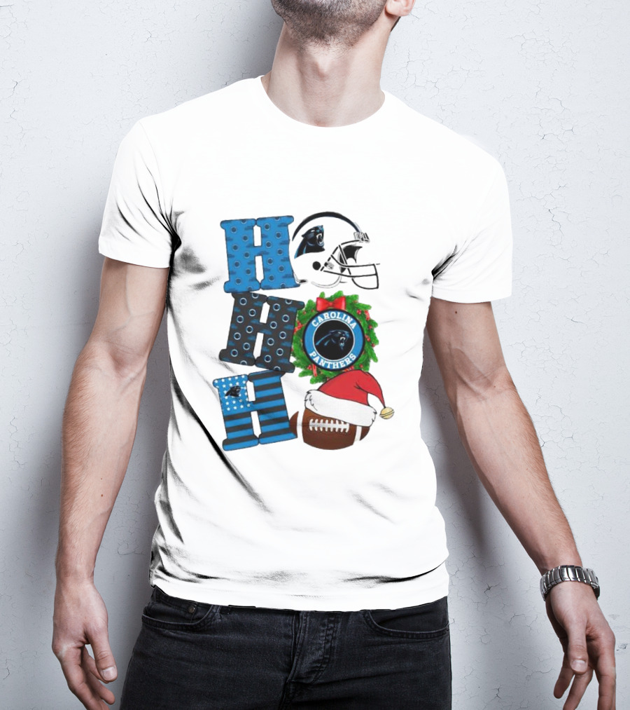 Carolina Panthers Ho Ho Ho Merry Christmas Football Helmet Wreath Santa Hat T-Shirt