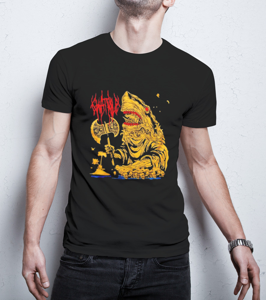 Chat Pile Shark With Axe On Tropical Beach T-Shirt