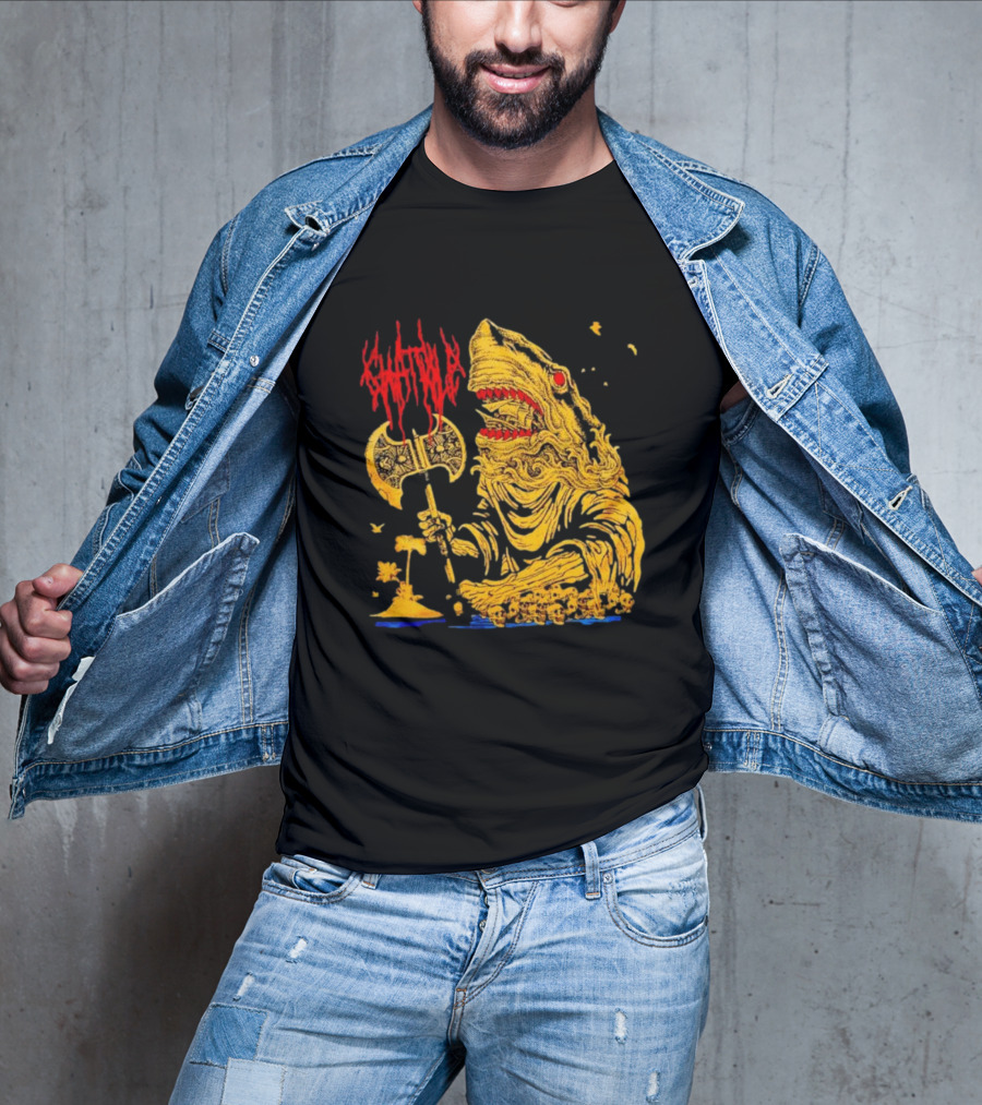 Chat Pile Shark With Axe On Tropical Beach T-Shirt