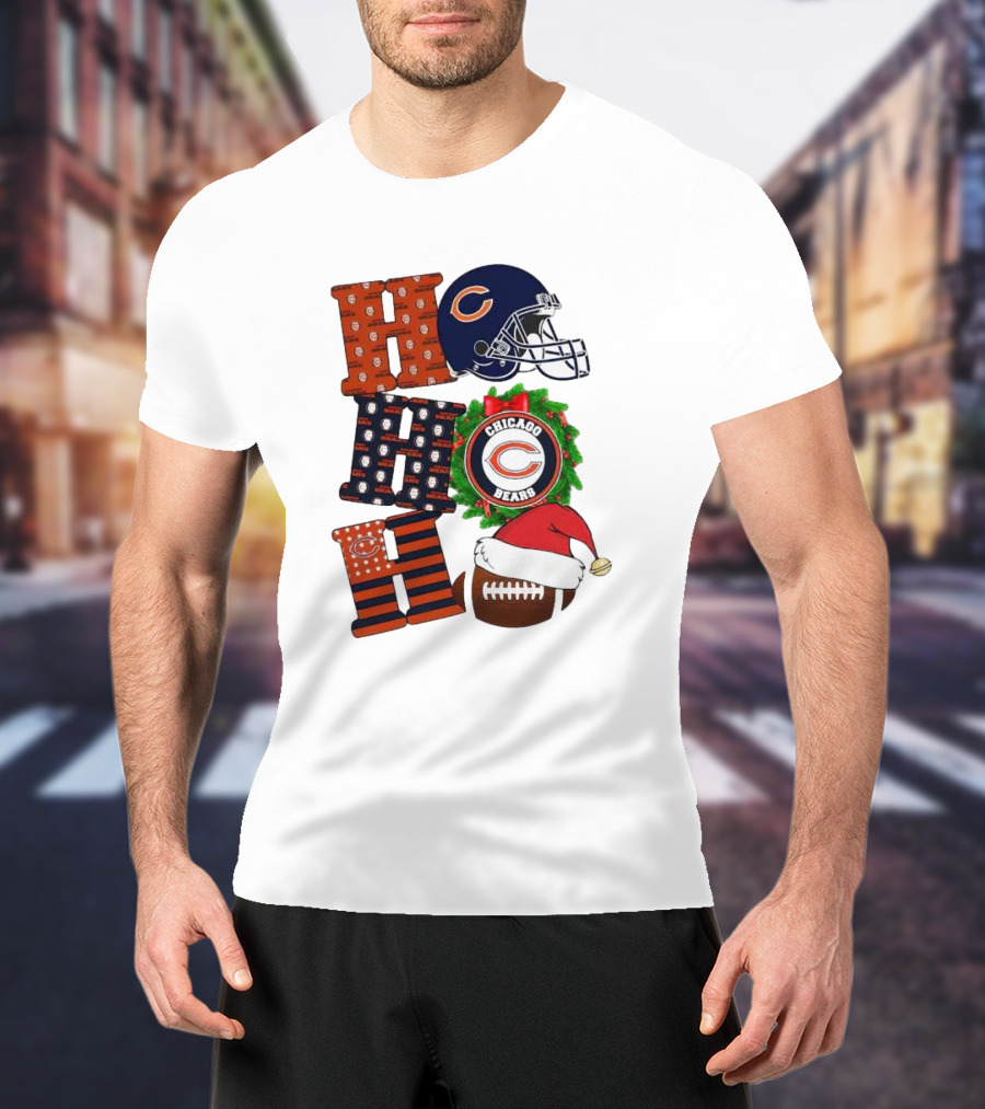 Chicago Bears Ho Ho Ho Merry Christmas Football Helmet Wreath Santa Hat T-Shirt