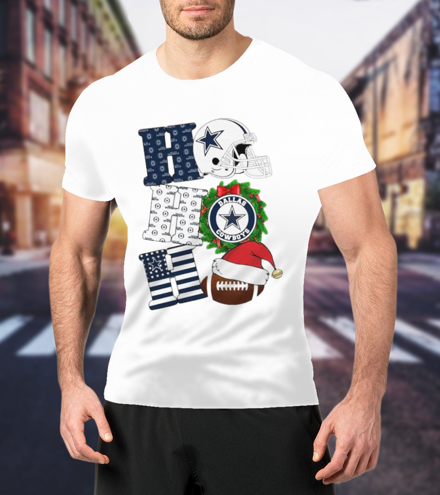 Dallas Cowboys Helmet Wreath Football Christmas Ho Ho Ho Merry Christmas T-Shirt