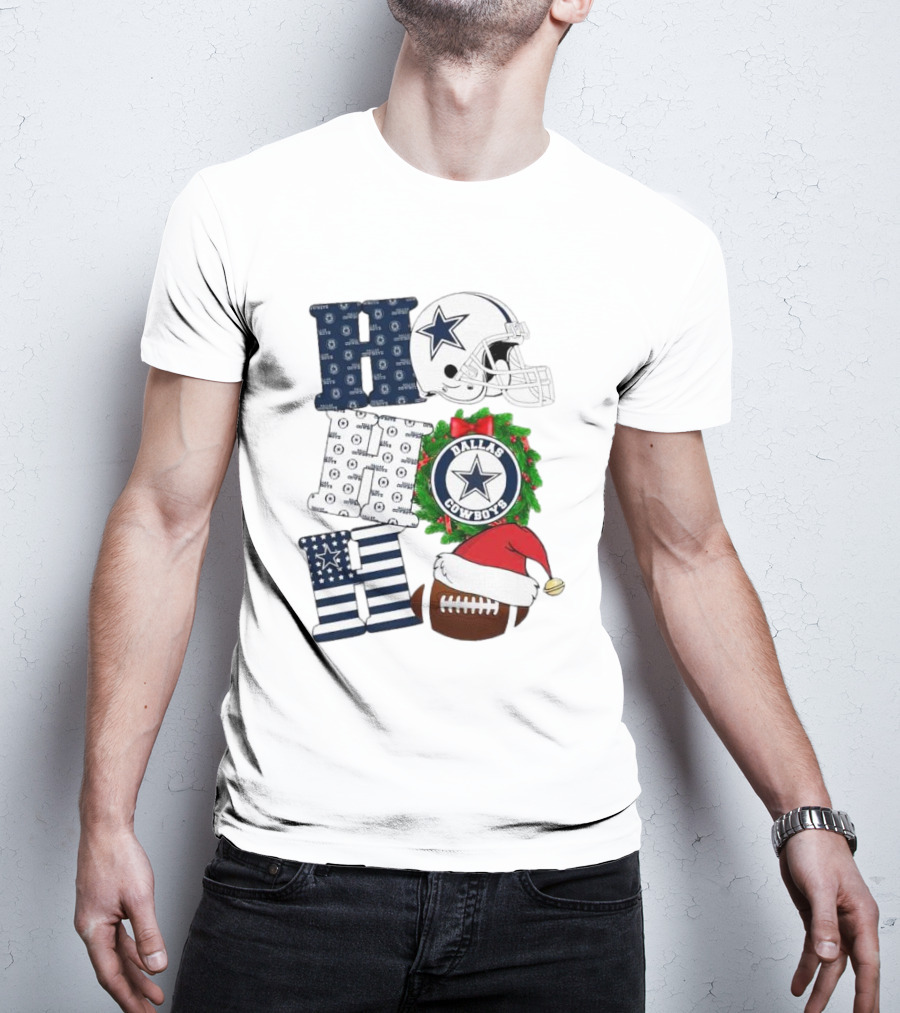 Dallas Cowboys Helmet Wreath Football Christmas Ho Ho Ho Merry Christmas T-Shirt