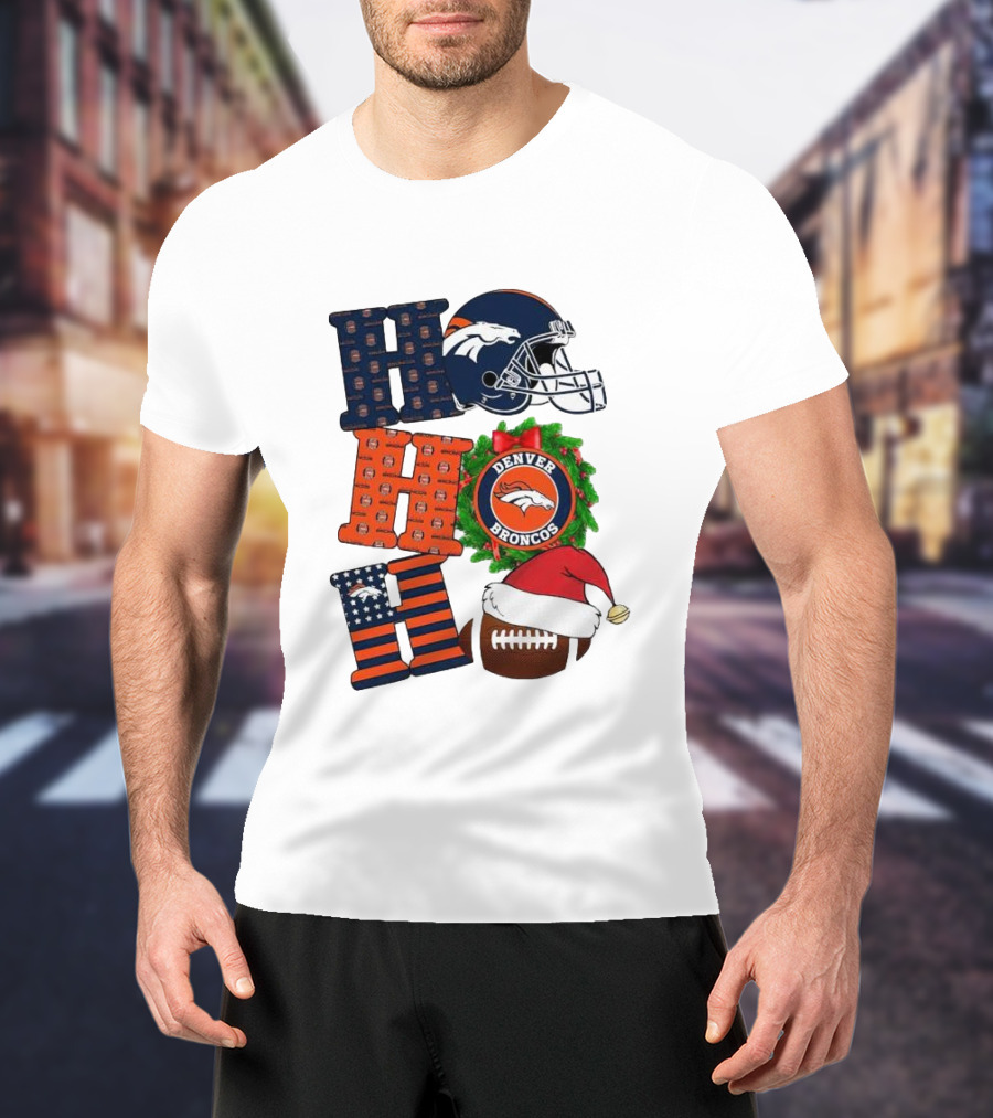 Denver Broncos Ho Ho Ho Merry Christmas Football Helmet Wreath Santa Hat Holiday T-Shirt