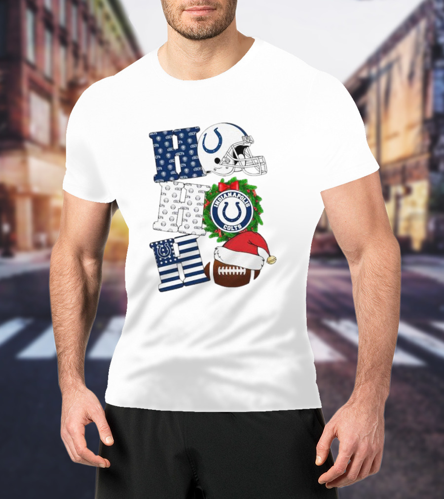 Indianapolis Colts Ho Ho Ho Merry Christmas Football Festive Logo Helmet Wreath Santa Hat T-Shirt