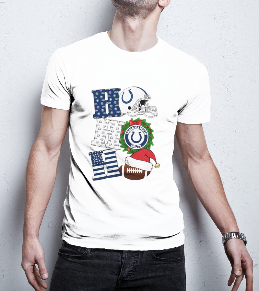 Indianapolis Colts Ho Ho Ho Merry Christmas Football Festive Logo Helmet Wreath Santa Hat T-Shirt
