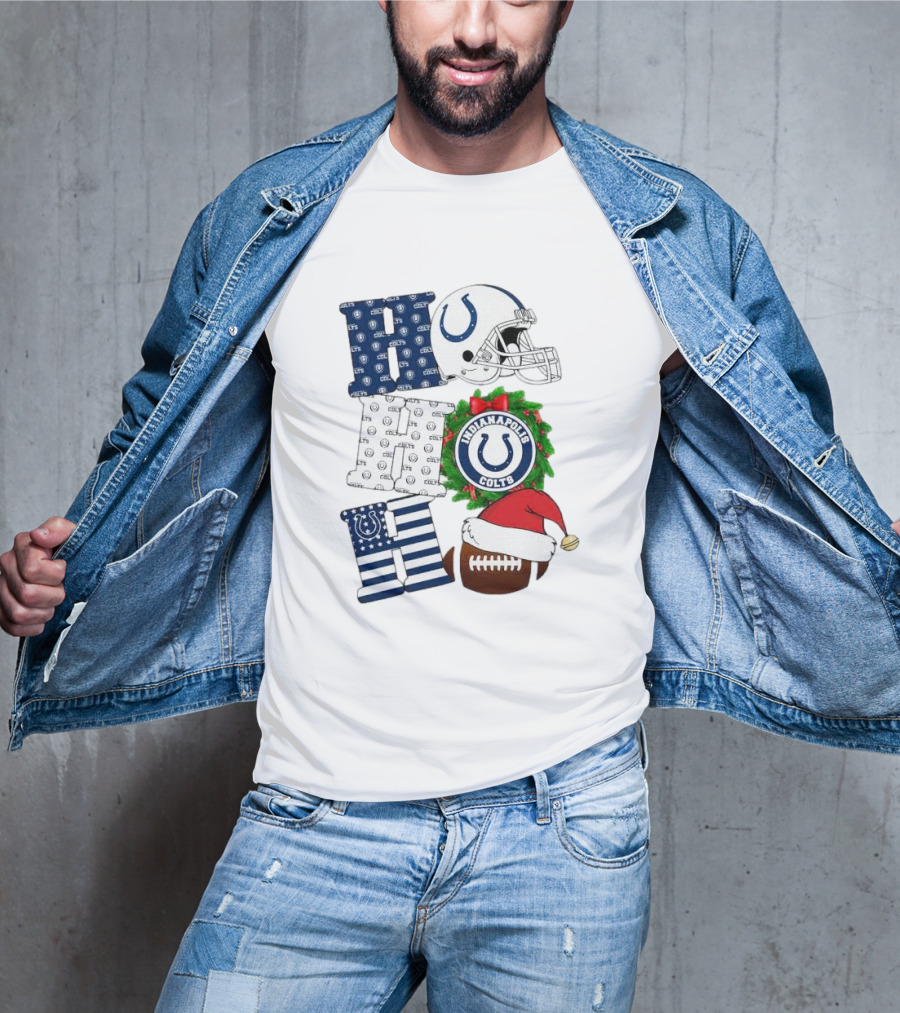 Indianapolis Colts Ho Ho Ho Merry Christmas Football Festive Logo Helmet Wreath Santa Hat T-Shirt