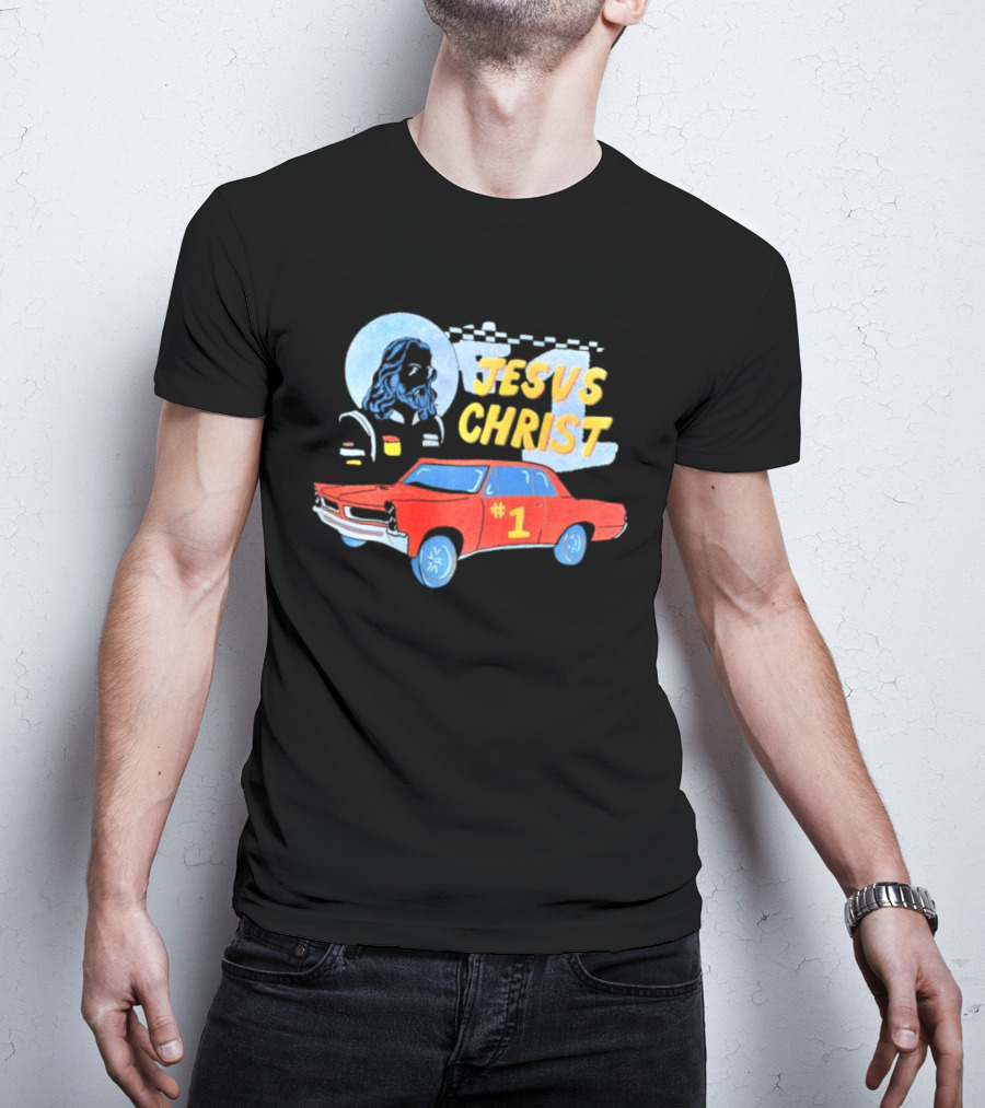 Jesus Christ Racing Champion With Red Car And Checkered Flag T-Shirt