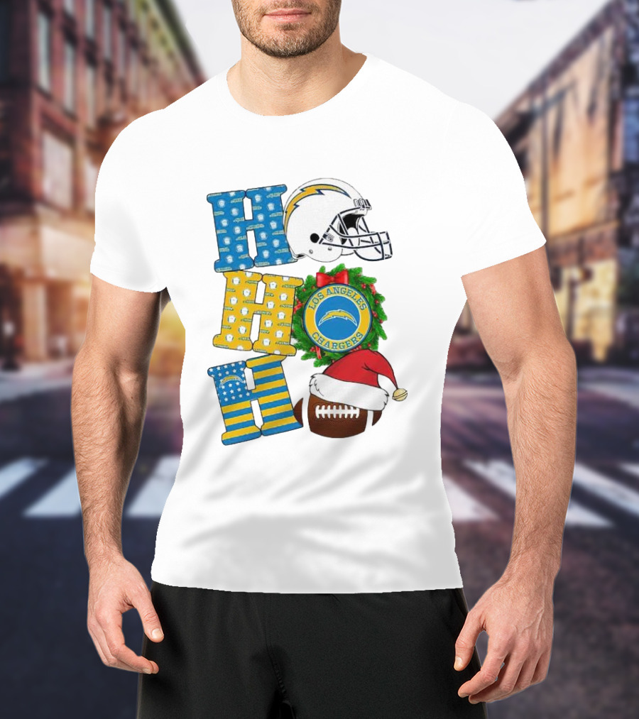 Los Angeles Chargers Ho Ho Ho Merry Christmas Wreath Helmet Football Santa Hat Featured T-Shirt