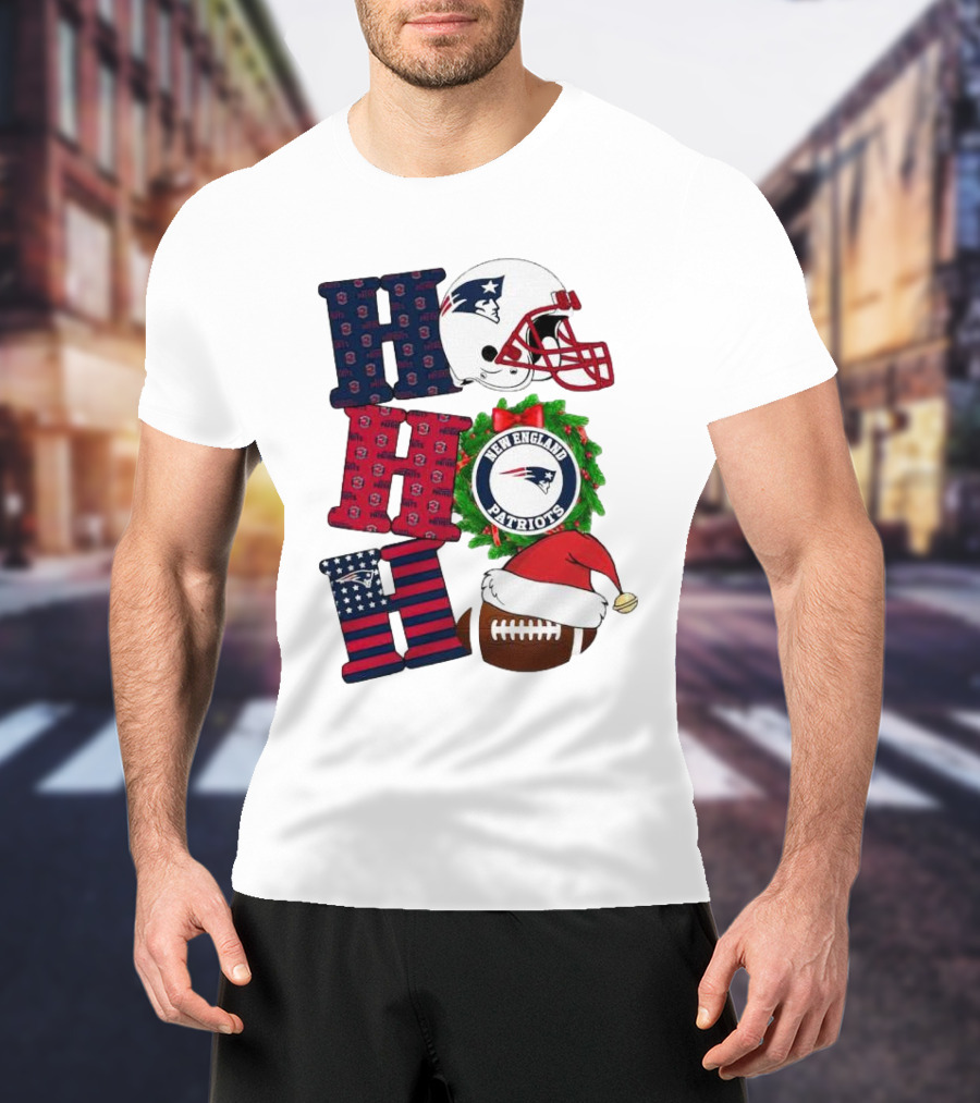 New England Patriots Ho Ho Ho Merry Christmas Football Helmet Wreath Santa Hat Football T-Shirt