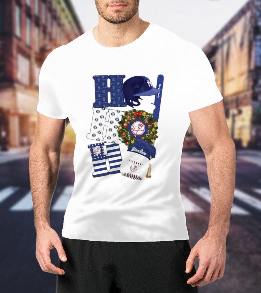 New York Yankees Ho Ho Ho Merry Christmas Yankees Caps Wreath Baseball Bat T-Shirt