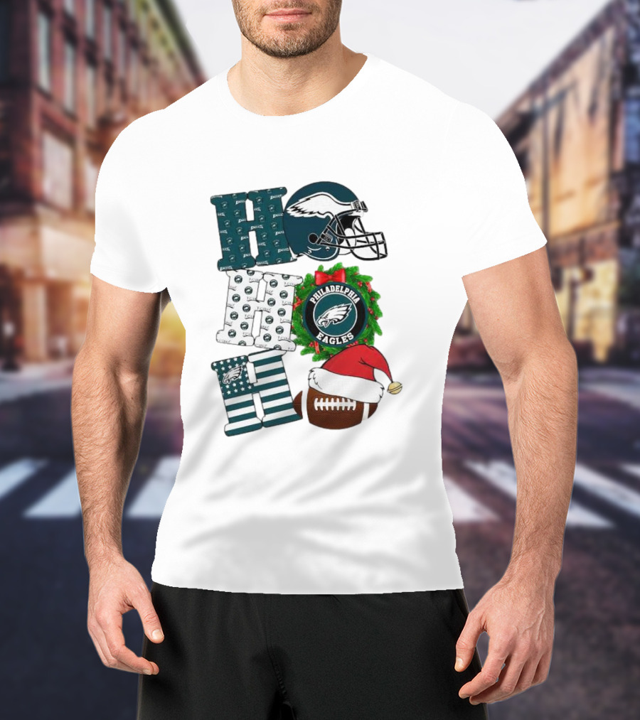 Philadelphia Eagles Ho Ho Ho Merry Christmas Football Helmet Wreath Santa Hat T-Shirt