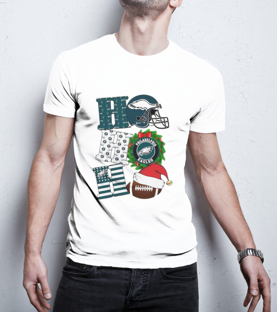 Philadelphia Eagles Ho Ho Ho Merry Christmas Football Helmet Wreath Santa Hat T-Shirt