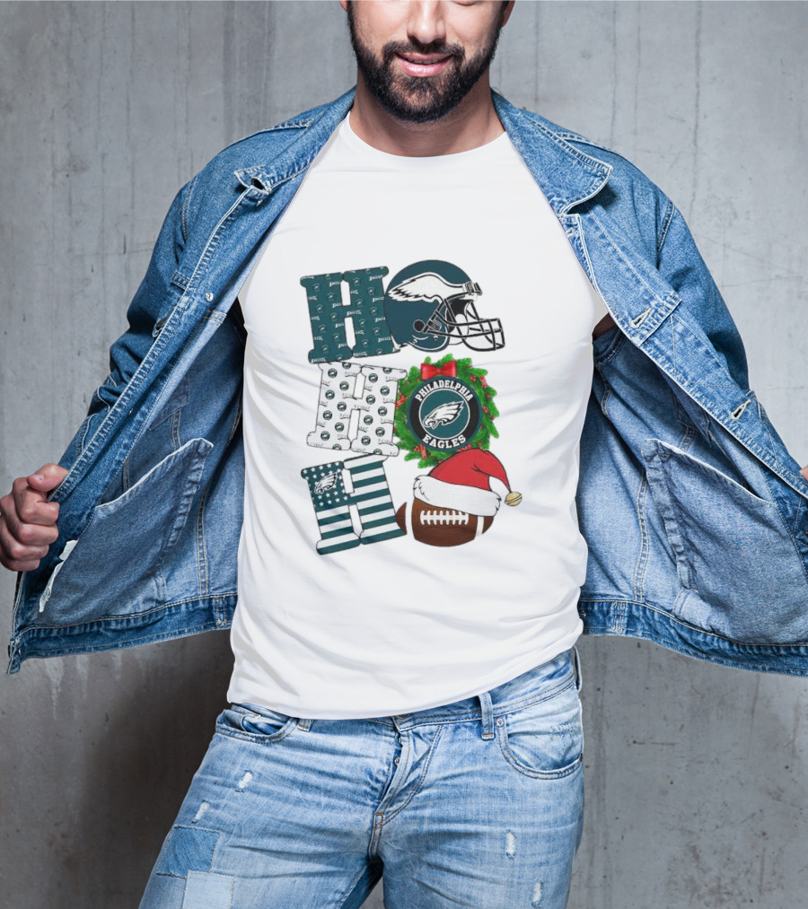 Philadelphia Eagles Ho Ho Ho Merry Christmas Football Helmet Wreath Santa Hat T-Shirt